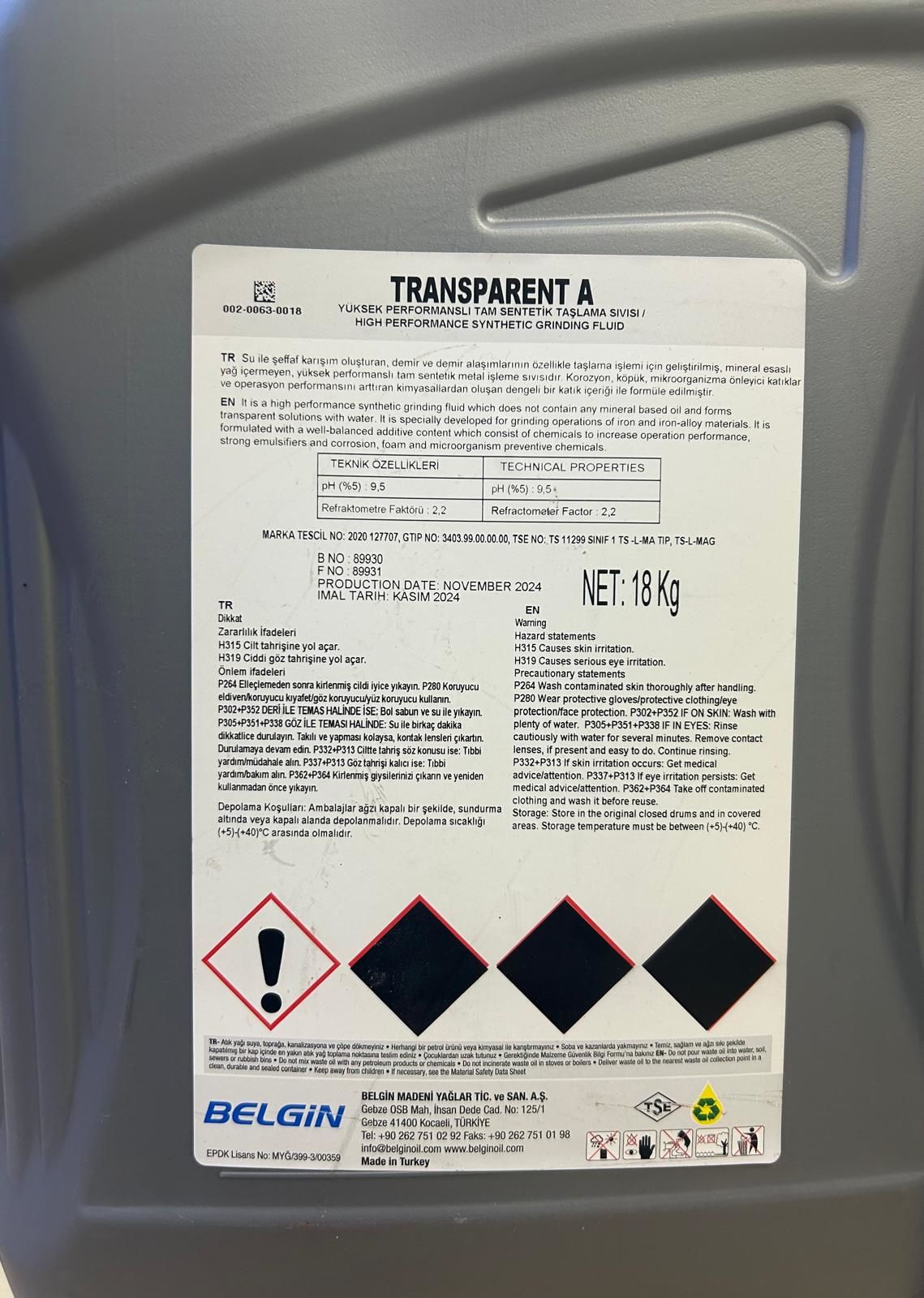 BELGİN TRANSPARENT A Taşlama Sıvısı  - 18 Kg