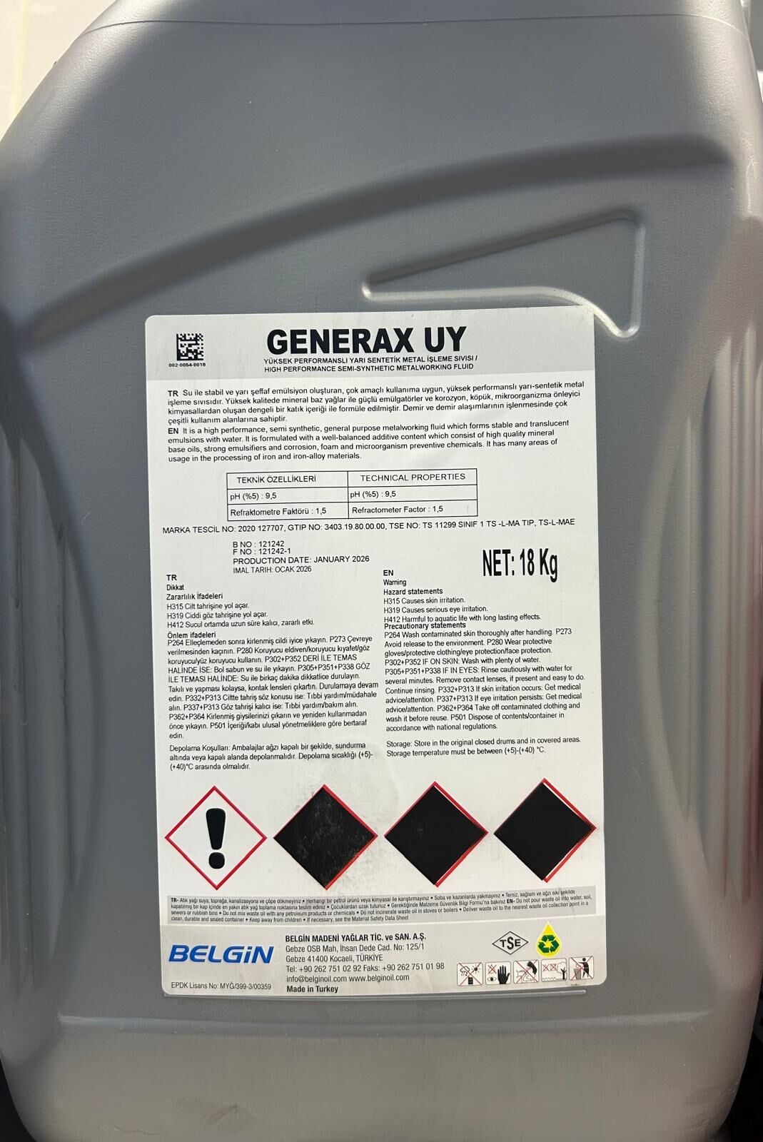 BELGİN GENERAX UY CNC BOR YAĞI 18 KG