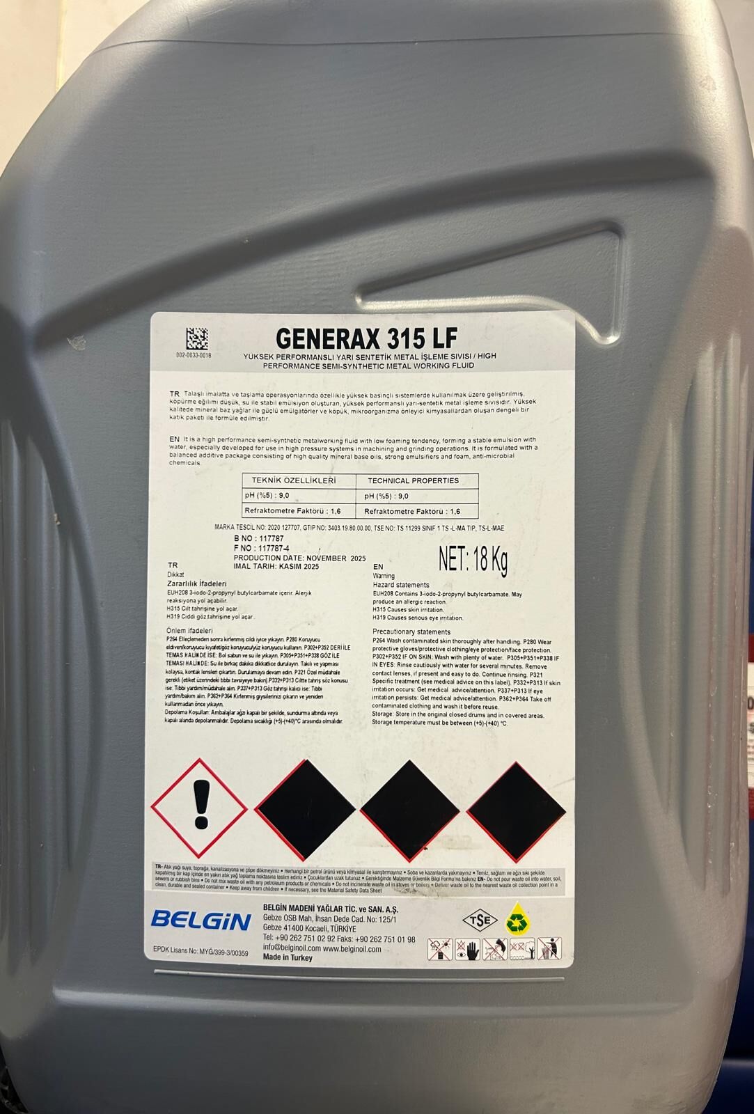 BELGİN GENERAX 315 LF CNC BOR YAĞI 18 KG