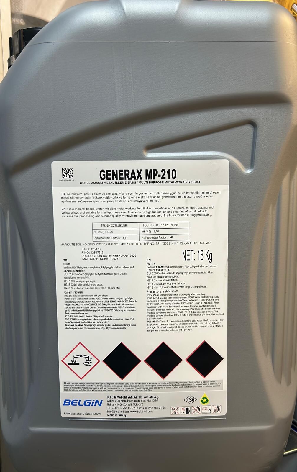 BELGIN GENERAX MP-210 BOR YAĞI 18 KG