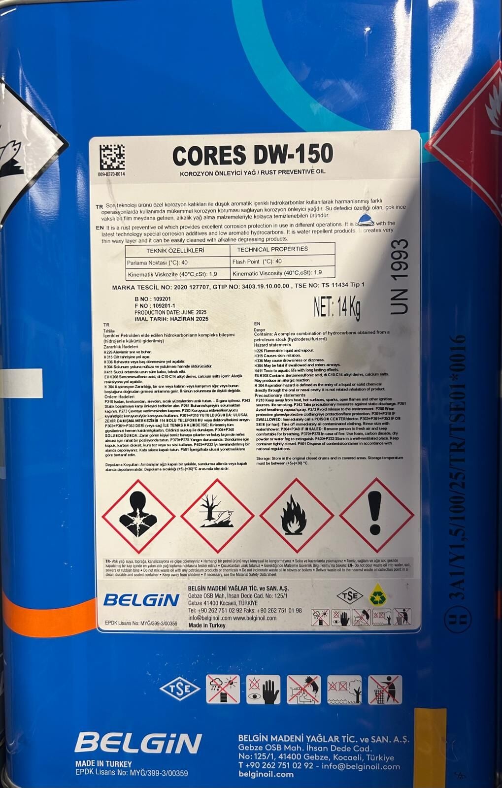 Belgin Cores DW 2 Koruyucu Yağ 14 kg Teneke