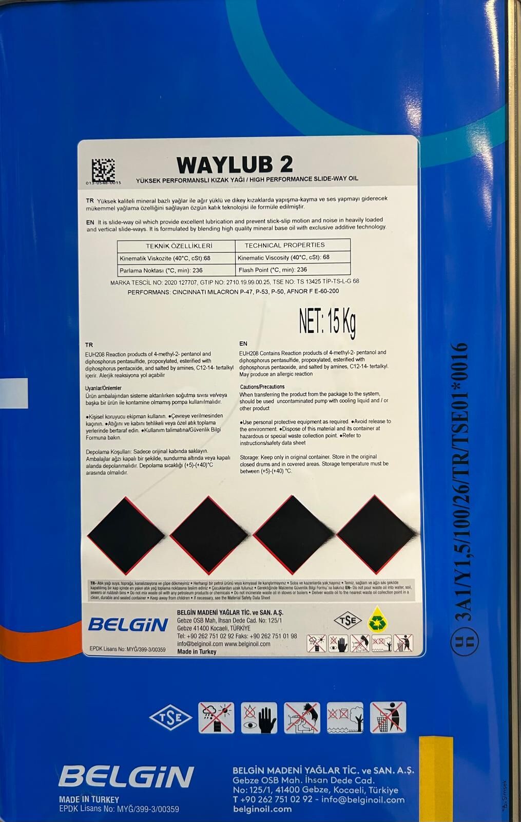 Belgin Kızak Yağı ISO 68 Waylub 2 15 kg Teneke