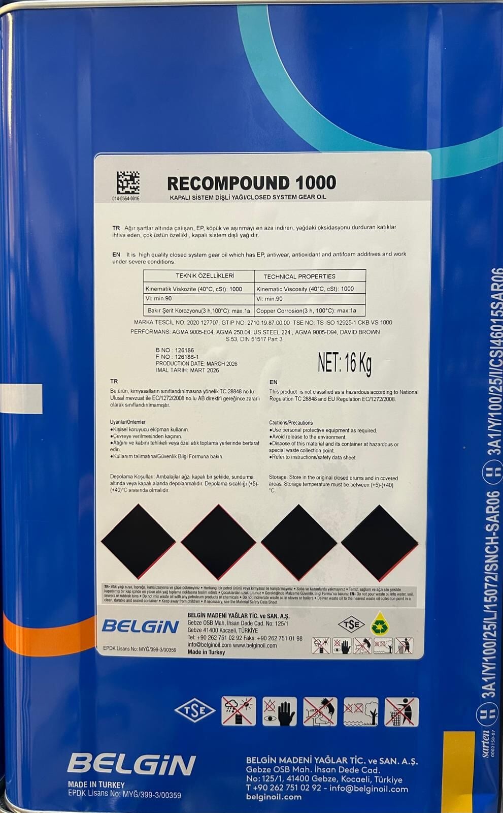 1000 Numara Dişli Yağı Belgin Recompound 1000 16 kg Teneke
