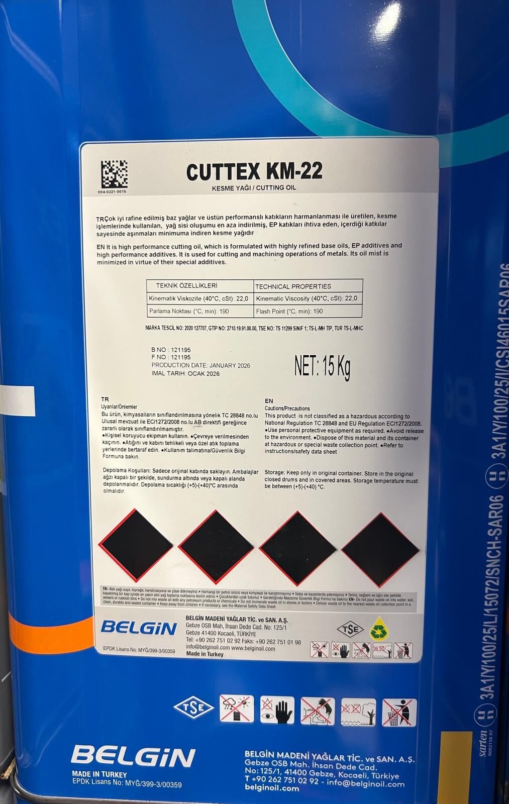 Belgin Kesme Yağı KM 22 15 kg Teneke
